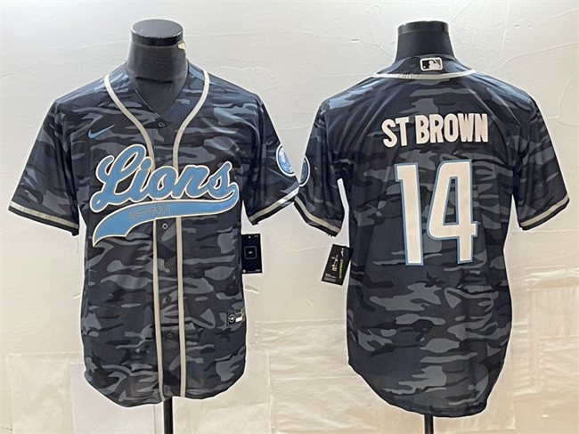 Men's Detroit Lions #14 Amon-Ra St. Brown Gray Camo Cool Base Stitched Baseball Jersey